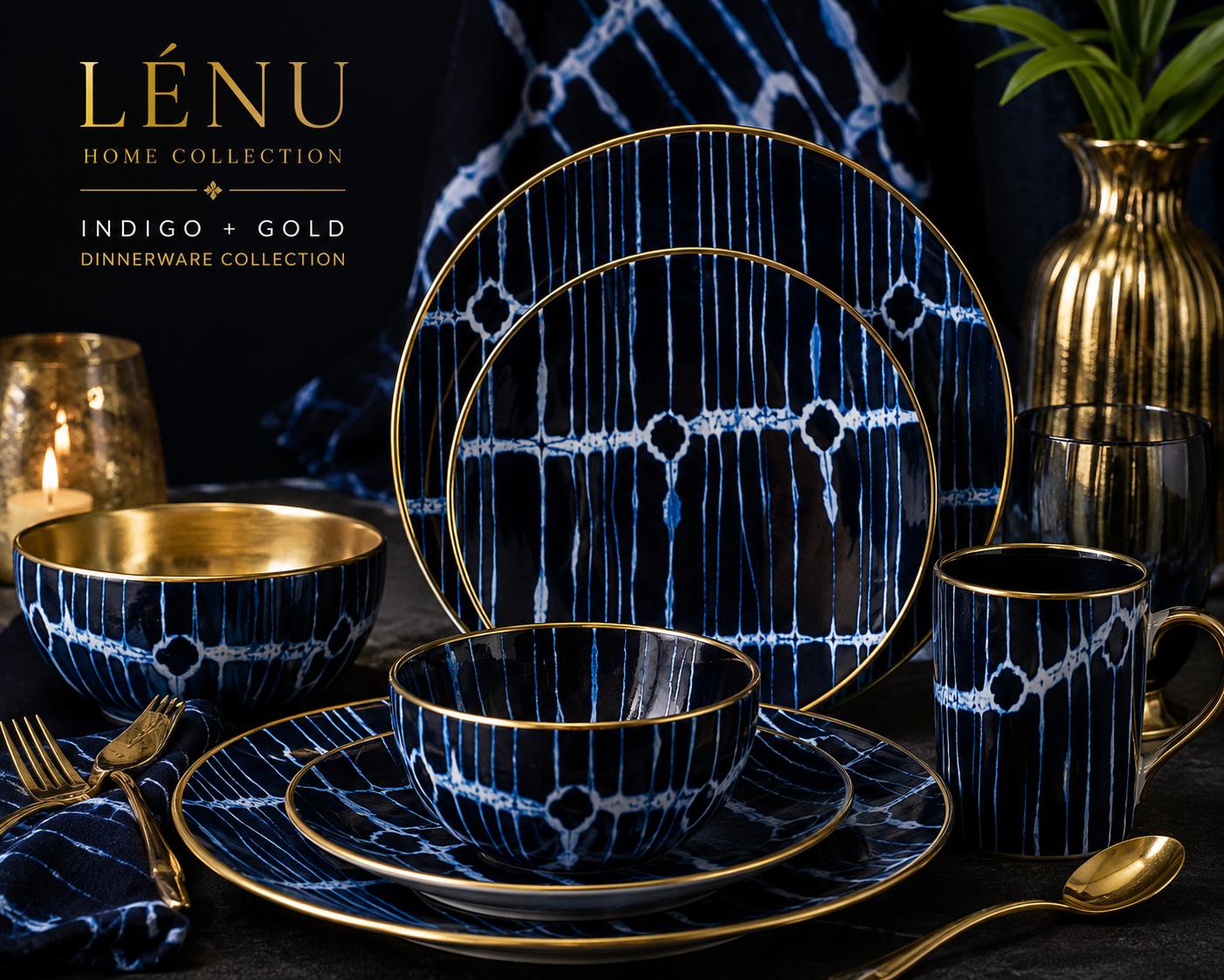 LÉNU Indigo and Gold dinnerware collection