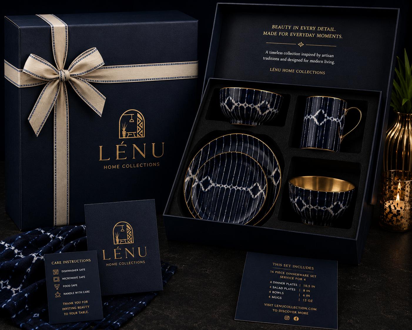 Indigo + Gold 16-Piece Dinnerware